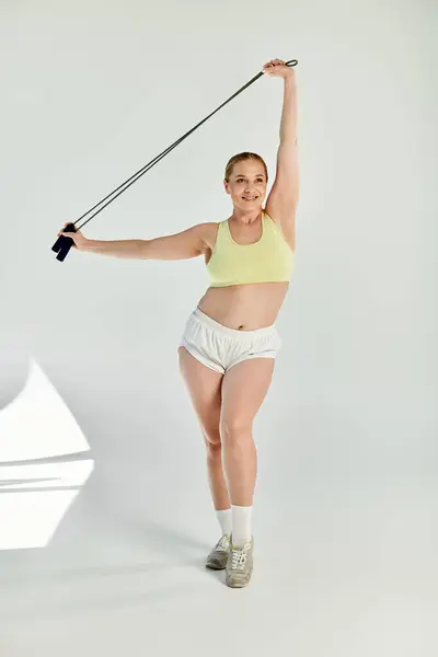 A spirited woman performs an energetic workout with a resistance band, showcasing her strength in a bright studio. — Stock Photo
