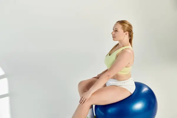 A dedicated sportswoman performs exercises on a stability ball in a well-lit studio setting. — Stock Photo