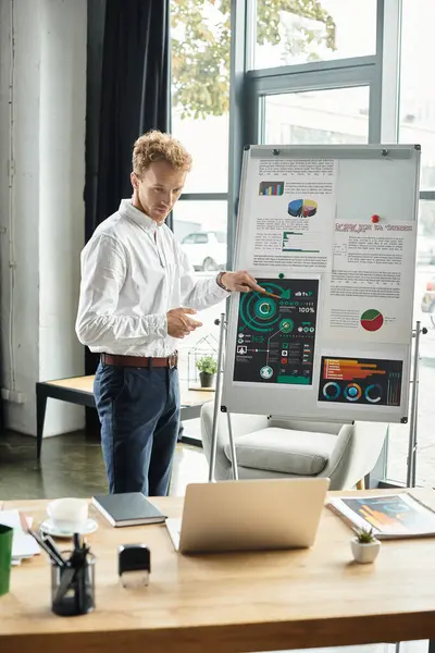 A redhead businessman in a white shirt focuses on a project presentation in a sleek office space. — Stock Photo