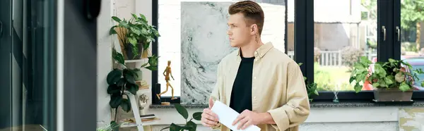 A young man confidently engages in work tasks at a contemporary office space. — Stock Photo