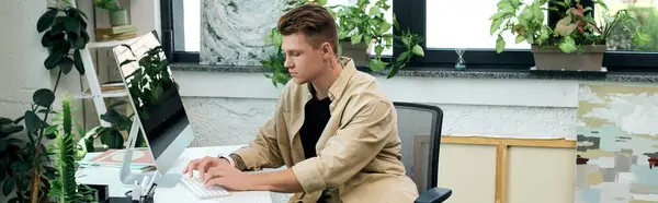 A determined young man engages in focused work at a stylish office filled with greenery. — Stock Photo