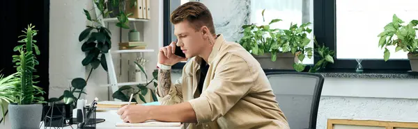 A young man focuses intently while working in a bright, modern office setting. — Stock Photo
