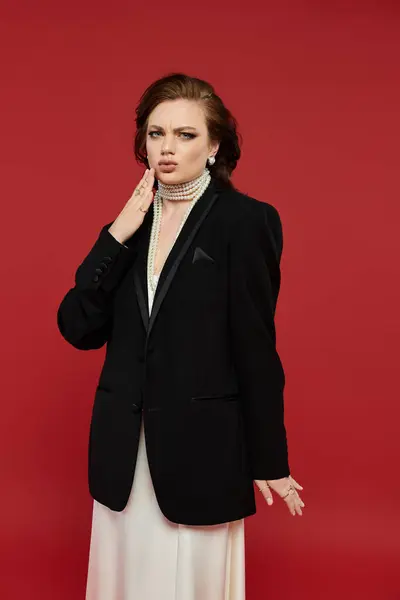 A young woman exudes confidence, showcasing her elegant attire with a striking expression. — Stock Photo