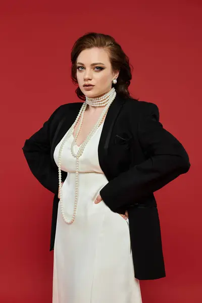 A young woman exudes elegance in a stylish ensemble, confidently posing against a vivid backdrop. — Stock Photo