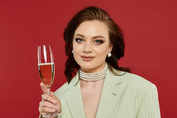 A young woman in elegant attire raises a champagne flute, radiating sophistication. — Stock Photo