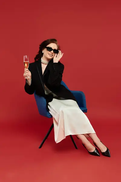 A stylish woman dressed in elegant attire raises a glass in a joyful moment, exuding confidence. — Fotografia de Stock