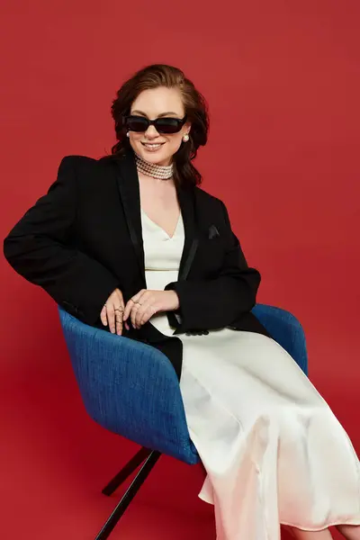 A graceful young woman, dressed in chic attire, exudes confidence while seated in a sleek chair. — Stock Photo