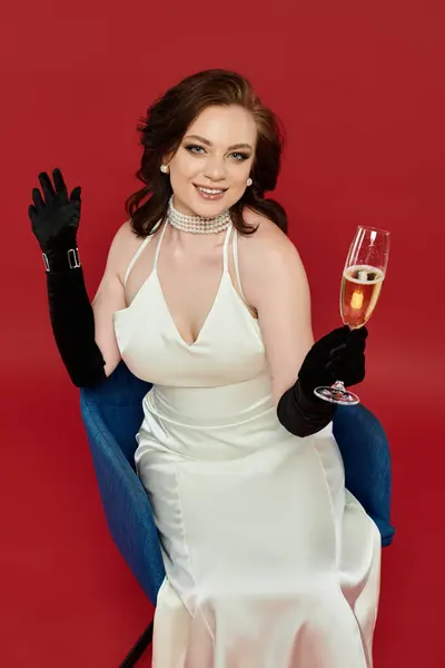 A young woman in a stunning gown raises her champagne glass, showcasing her elegance and charm. — Stock Photo