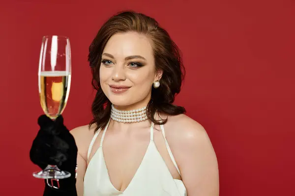 Une belle jeune femme lève son verre de champagne avec élégance, rayonnant de joie et de sophistication. — Photo de stock