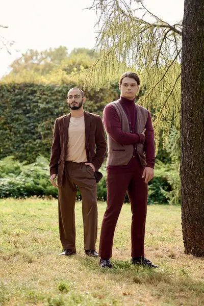 Handsome men in fashionable fall outfits stand confidently in a lush, green field during autumn. — Stock Photo