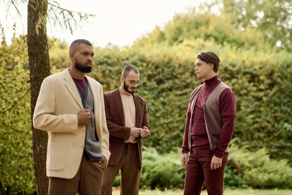 Three handsome men showcase autumn fashion while posing together in a scenic outdoor field. — Stock Photo