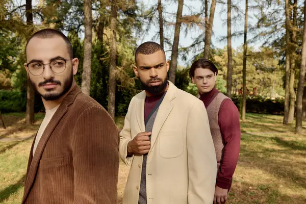 Three fashionable men showcase autumn styles while enjoying a peaceful outdoor setting bathed in warm hues. — Stock Photo