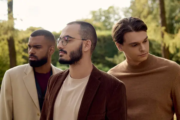 Three fashionable men in autumn outfits enjoy a peaceful moment in an enchanting field surrounded by nature. — Stock Photo