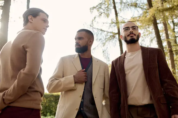 Three fashionable men embrace the spirit of autumn while posed gracefully in a serene natural landscape. — Stock Photo