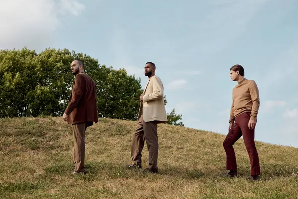 Three handsome men showcase autumn fashion while posing in a beautiful field surrounded by nature. — Stock Photo