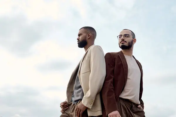 Two handsome men showcase autumn fashion while enjoying the serene beauty of nature in a sunny field. — Stock Photo