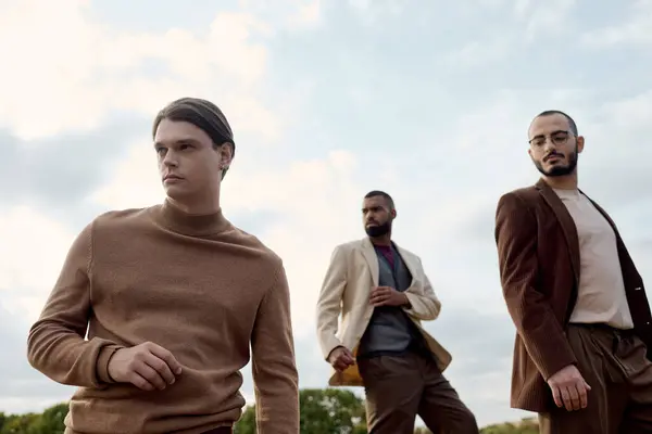 Three stylish men confidently pose in a scenic autumn field, embodying a perfect fall vibe. — Stock Photo