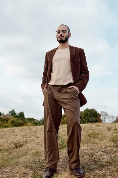 A well-dressed man stands poised in a serene autumnal field, surrounded by nature vibrant hues. — Stock Photo