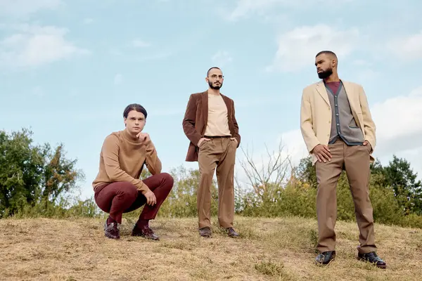 Homens bonitos vestidos com trajes de outono posam confiantemente em um campo pacífico cercado pela natureza.. — Fotografia de Stock