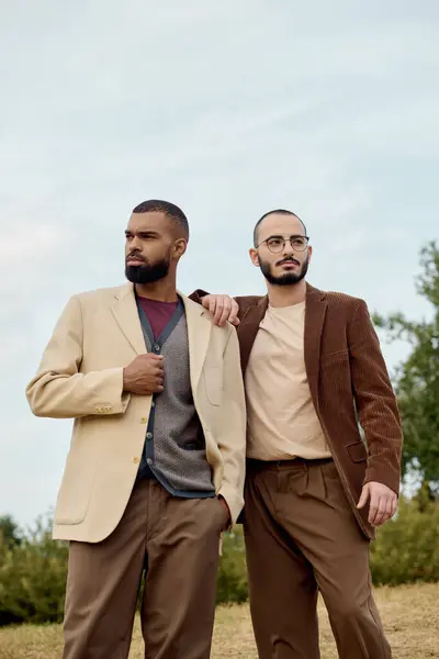 Deux beaux hommes vêtus de vêtements d'automne à la mode se tiennent avec confiance dans un paysage extérieur serein. — Photo de stock