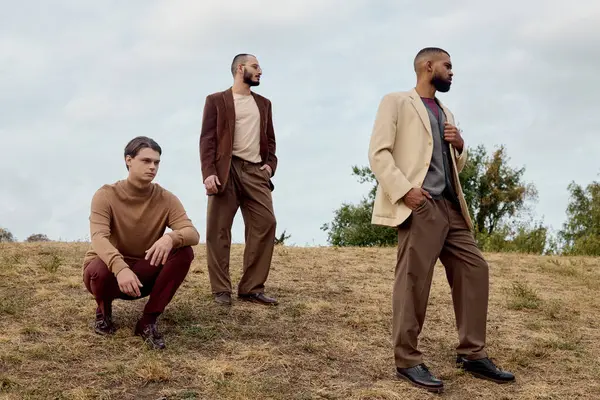 Three handsome men in trendy autumn attire pose confidently in a tranquil field under cloudy skies. — Stock Photo