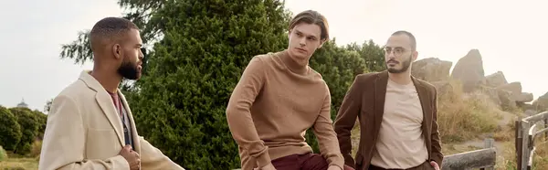 Trois beaux hommes habillés en tenue d'automne partagent un moment de détente dans un cadre magnifique en plein air. — Photo de stock