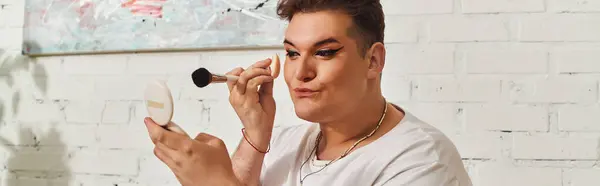 A unique individual showcases their talent by applying makeup in a stylish and vibrant setting. — Stock Photo