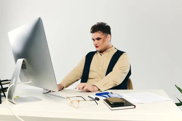 A unique person confidently engages with their computer at a modern desk, showcasing creativity. — Stock Photo
