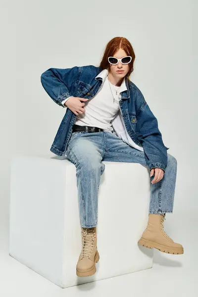 A teenage boy with striking red hair showcases his denim fashion in a vibrant studio setting. — Stock Photo
