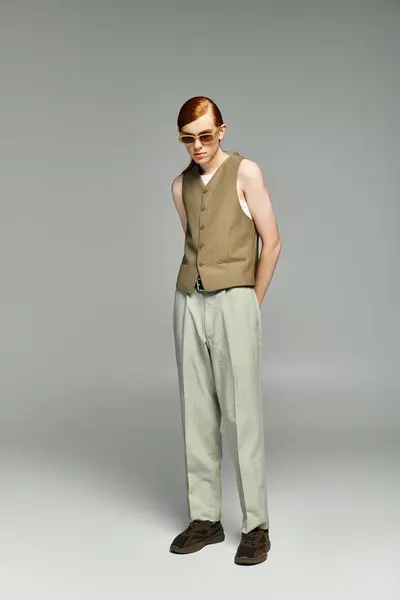 A teenage boy with striking red hair models an elegant smart casual outfit against a sleek grey backdrop. — Stock Photo