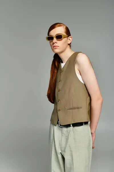 Cet adolescent confiant affiche une tenue élégante, exsudant charme et élégance dans un contexte minimaliste. — Photo de stock