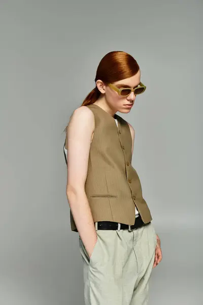 A teenage boy with striking red hair showcases a chic smart casual ensemble in a grey studio setting. — Stock Photo