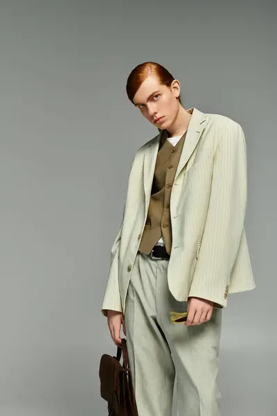 A red-haired teenage boy showcases fashion sensibility in a smart casual ensemble against a grey backdrop. — Stock Photo