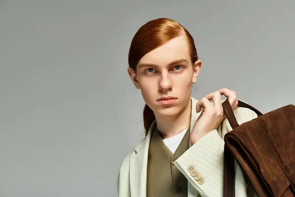 In einem eleganten grauen Studio posiert ein Teenager mit auffallend roten Haaren selbstbewusst in einem schicken, lässigen Outfit. — Stockfoto