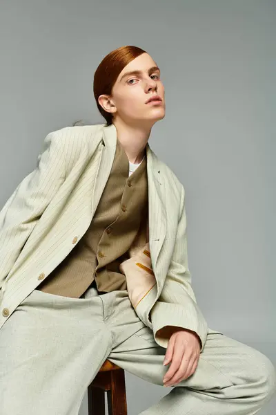 Un adolescente con el pelo rojo llamativo exhibe un elegante atuendo casual elegante contra un elegante fondo de estudio gris. - foto de stock