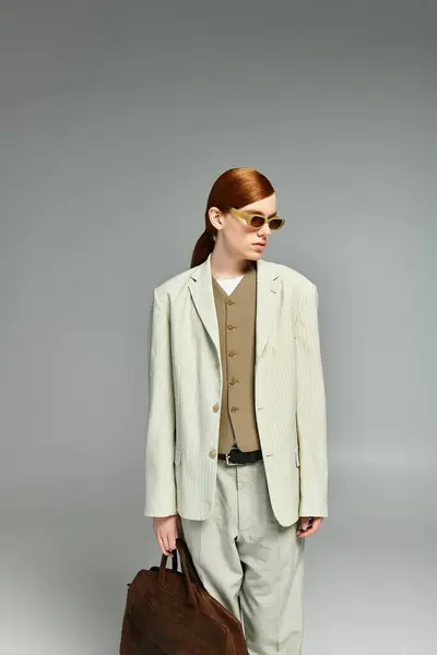 In a grey studio, a teenage boy with red hair confidently poses, highlighting his elegant smart casual attire. — Stock Photo