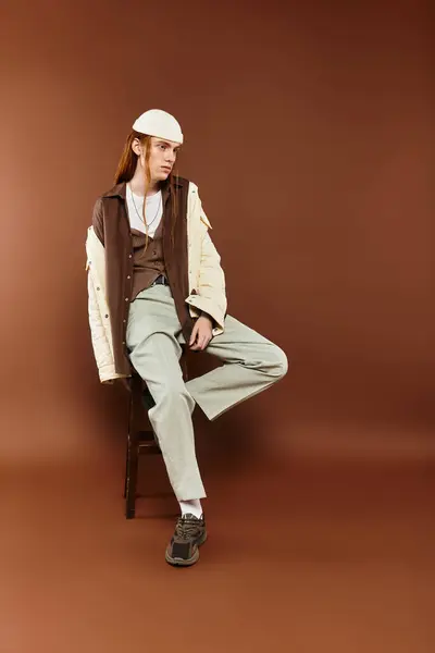 A fashionable teenage boy with striking red hair strikes a pose in a stylish studio setting, showcasing his outfit. — Stock Photo
