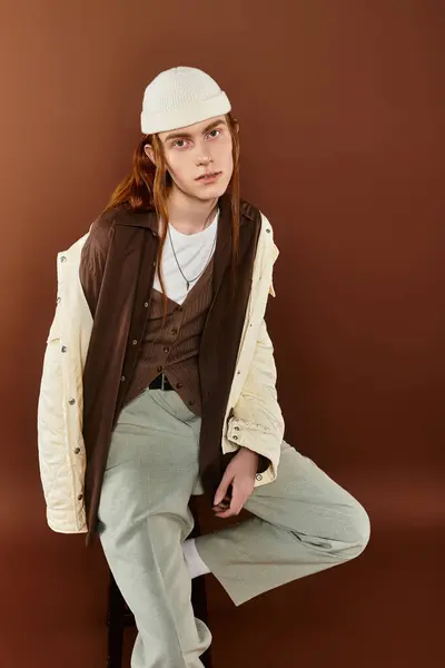 A teenage boy with striking red hair showcases his fashion sense, sitting confidently in a studio. — Stock Photo
