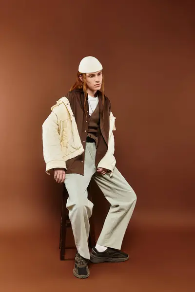 A teenage boy with striking red hair showcases his stylish outfit in a creative studio backdrop. — Stock Photo