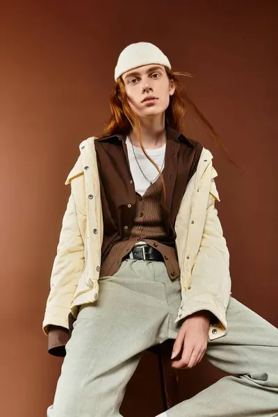 Un ragazzo adolescente con i capelli rossi vibranti posa in un abito elegante, trasudando fiducia in un ambiente di studio. — Foto stock