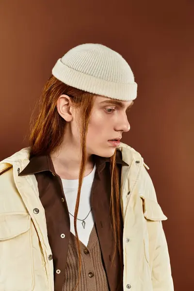 A stylish teenage boy with red hair poses confidently, showcasing his unique fashion sense in a studio. — Stock Photo