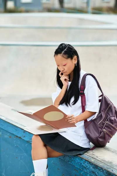 Uma jovem mulher asiática em uma roupa da moda se senta pensativamente lendo em um parque de skate, aproveitando o momento. — Fotografia de Stock