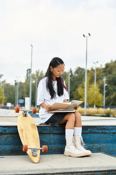 A stylish student sits by her skateboard, lost in book — Stock Photo