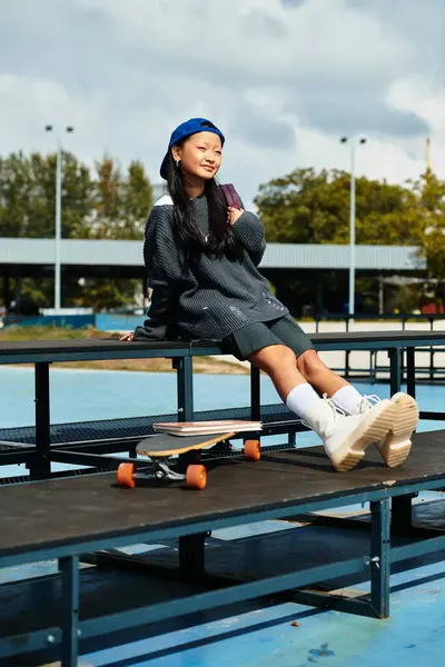 A trendy young girl lounges on a bench outdoors, flaunting her colorful style and skateboarding spirit. — Stock Photo