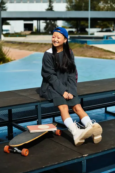 A cheerful young Asian girl in a chic outfit lounges on a bench, soaking up the sun next to her skateboard. — Stock Photo