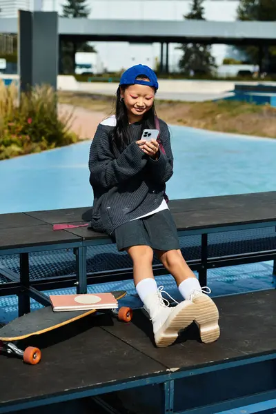 The student girl is sitting on a bench, checking her phone while dressed in trendy clothes outside. — Stock Photo