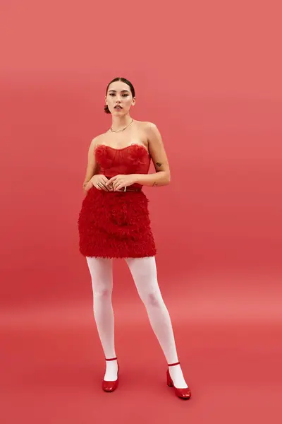 A stylish young woman stands proudly in a red outfit, showcasing her unique fashion sense. — Stock Photo