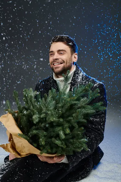 A cheerful young man enjoys the snow while holding a freshly cut Christmas tree close to him. — Stock Photo