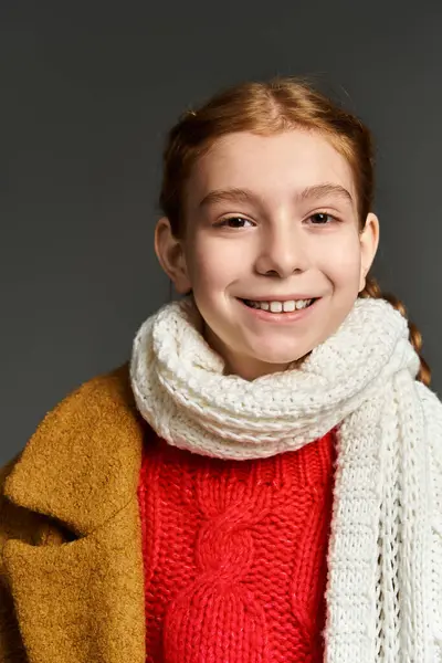 A young girl adorned in a vibrant sweater and warm scarf beams joyfully during winter. — Stock Photo