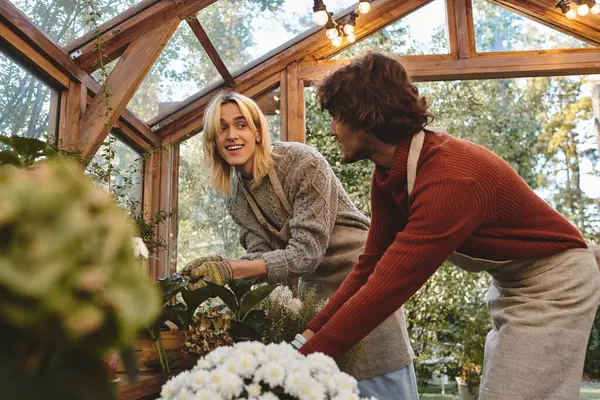 Young loving gay couple are meticulously tending to plants in a charming greenhouse. They share smiles and laughter, highlighting the joy of gardening together amidst lush greenery and bright blooms. — Stock Photo
